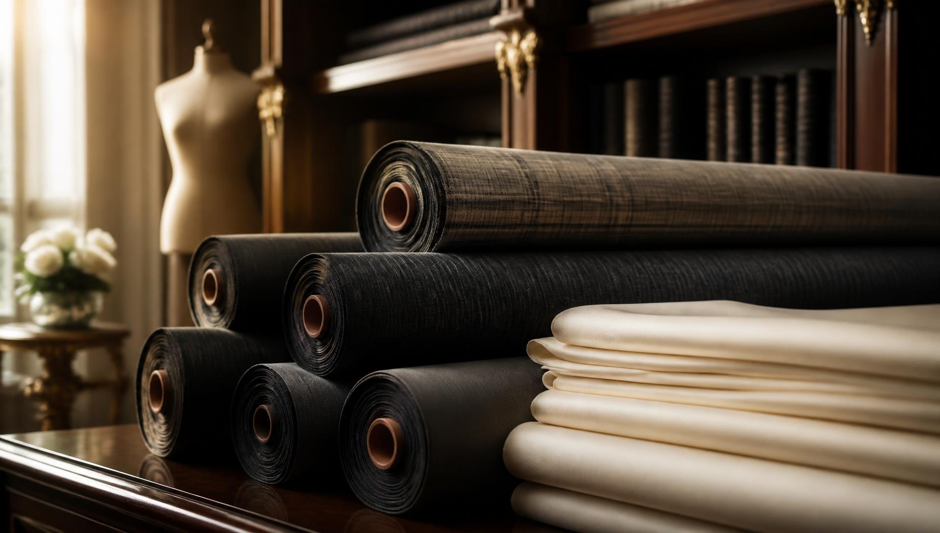 Rolls of premium suiting fabric and folded ivory silk in the Auriva showroom in Al Satwa, Dubai